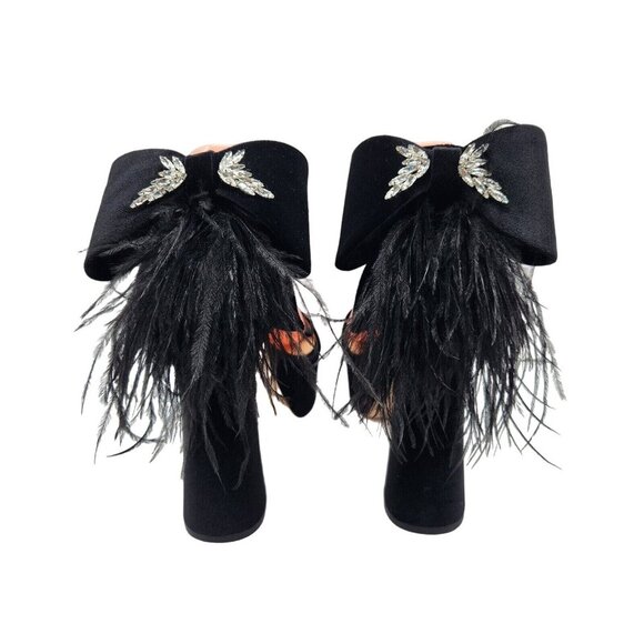 Antonio Melani Platform Sandals Size 5.5 M Black Velvet feathers Rhinestone  658 - Picture 3 of 16